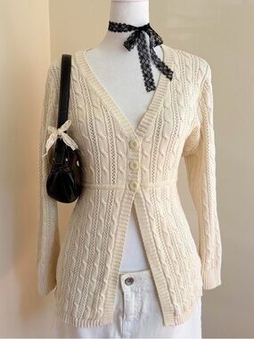 Vintage Y2K coquette lolita cable knit babydoll cardigan sweater cotton preppy L